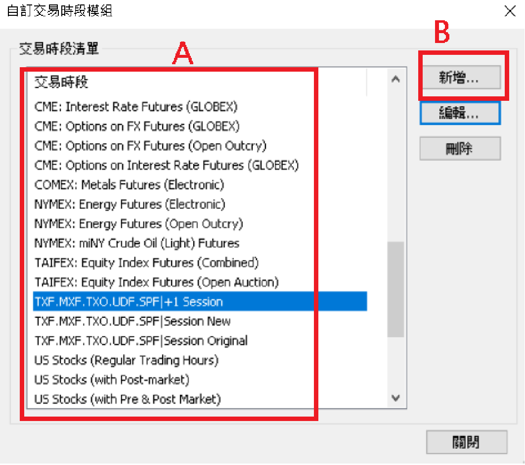 「自訂交易時段模組」視窗:左邊(A)是交易時段清單,右邊(B)按「新增」可以自建新的時段。