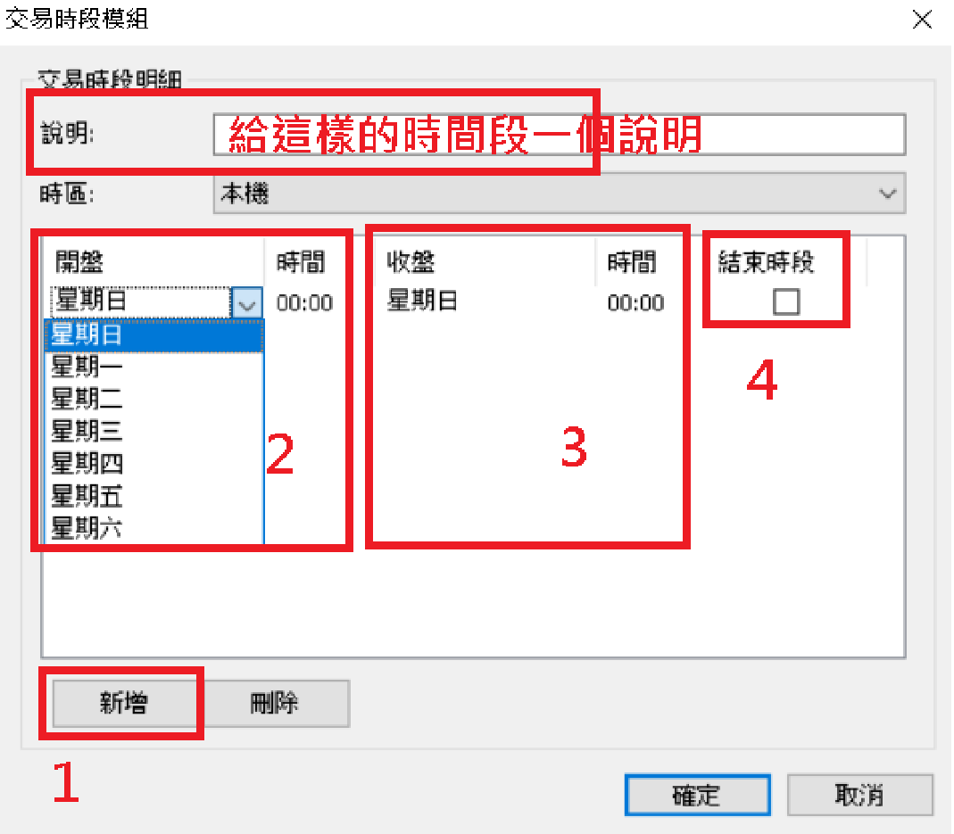 新增交易時段的畫面:先在「說明」填寫這組時段的用途,1.按新增新增一列 2.設定開盤星期/時間 3.設定收盤星期/時間 4.勾選「結束時段」代表這是當天最後一段。